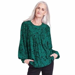 KNOX ROSE Top Blouse Green Black Floral Rayon Long Sleeve Flowy Boho SMALL